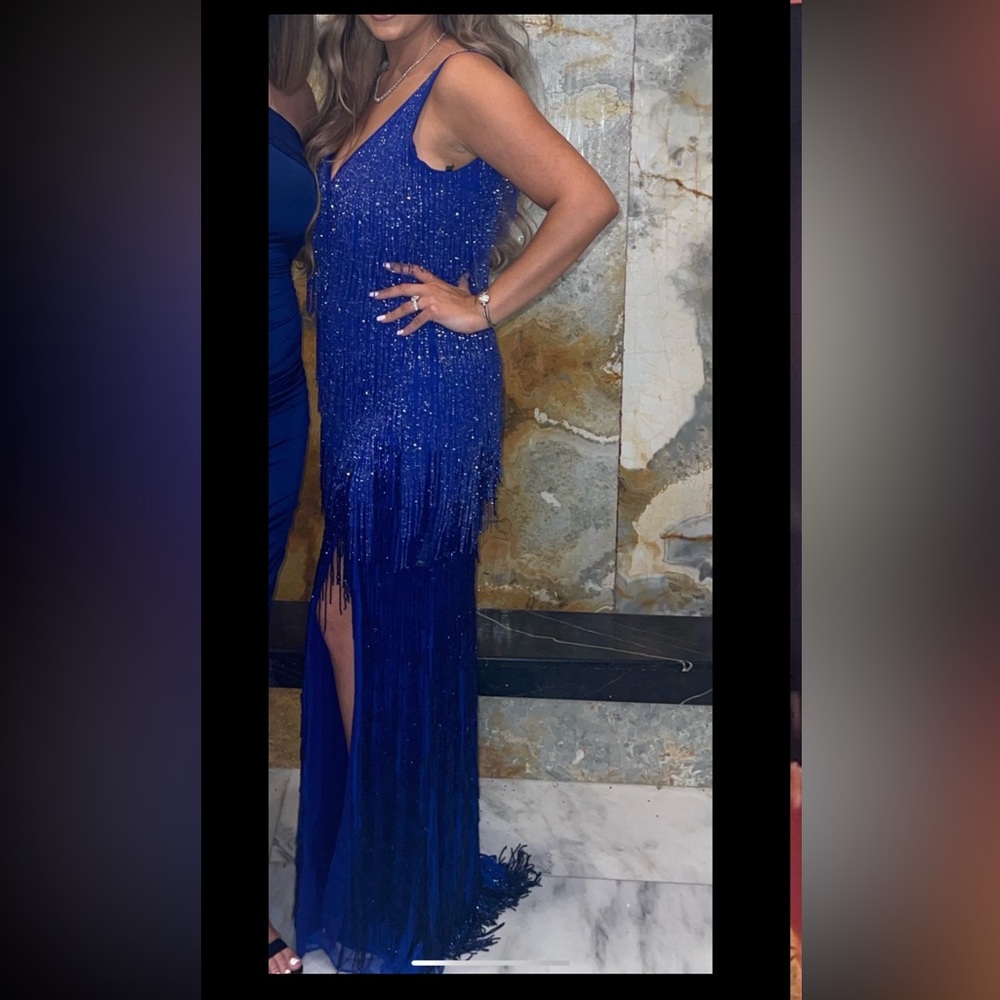 Primavera Couture Royal Blue Fringe Maxi Dress